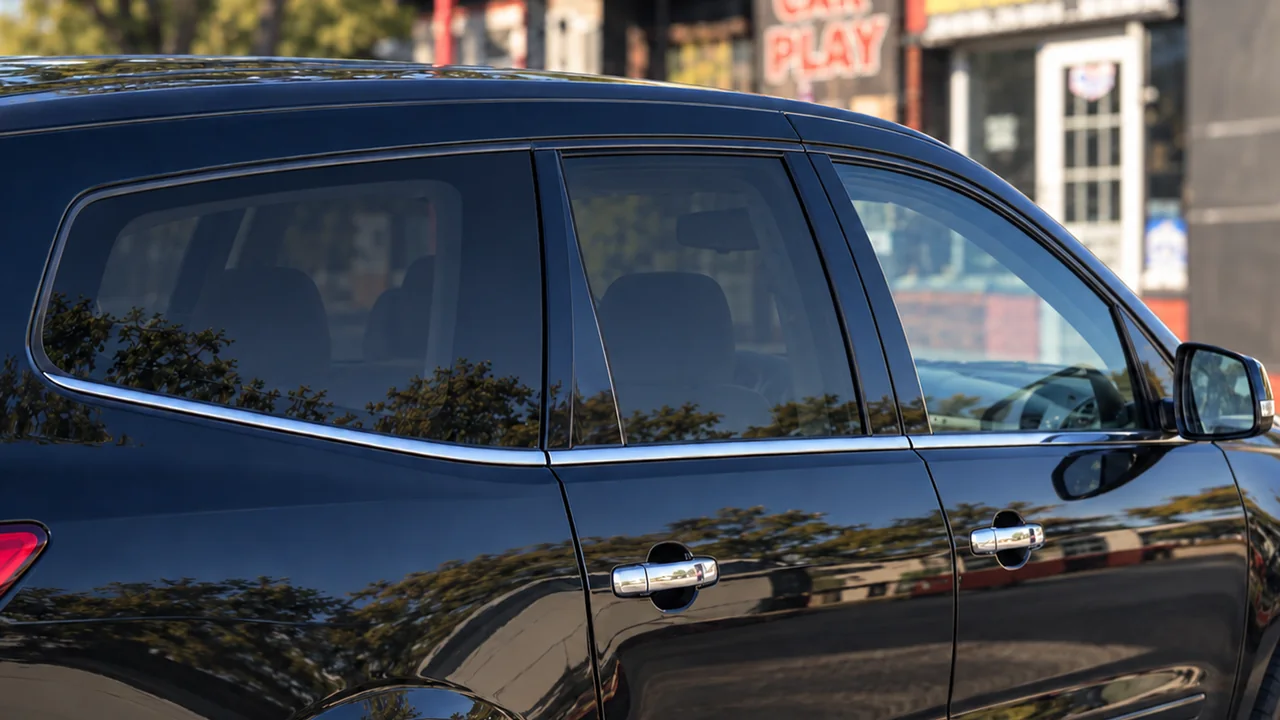 Close view of the black SUV’s side glazing, with more transparent front glass