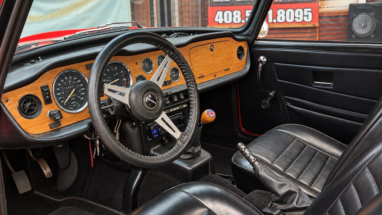 Original wood dashboard and modern console stereo in the shop’s red 1976 Triumph TR6