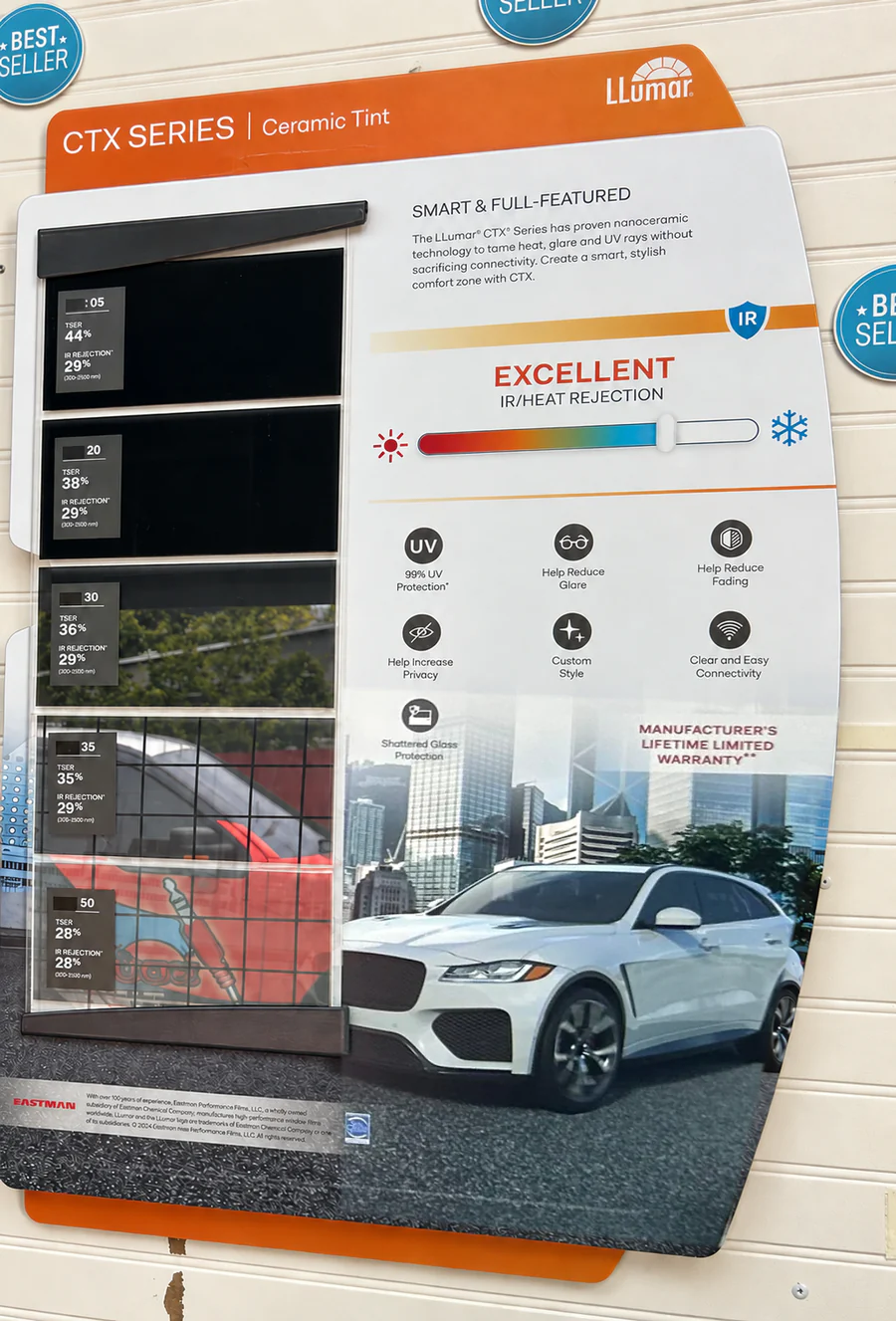 A real window-film sample board photographed on the Campbell showroom wall