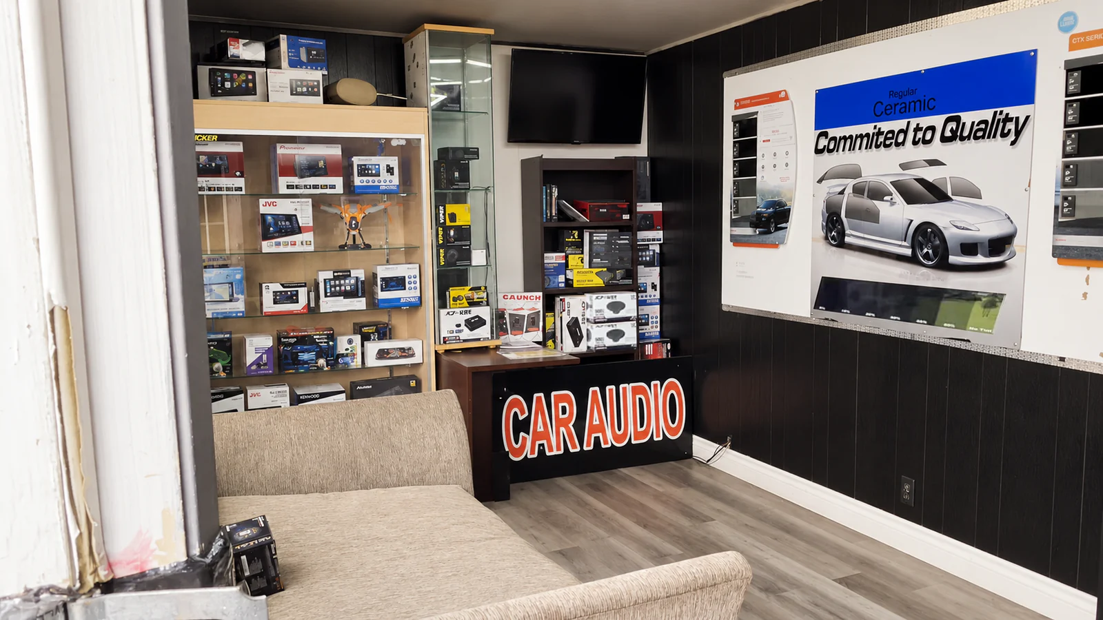 Inside the real Campbell shop: receiver displays, the Car Audio counter and window-film sample wall